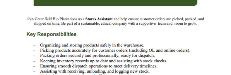Stores Assistant – Order Fulfillment & Dispatch
